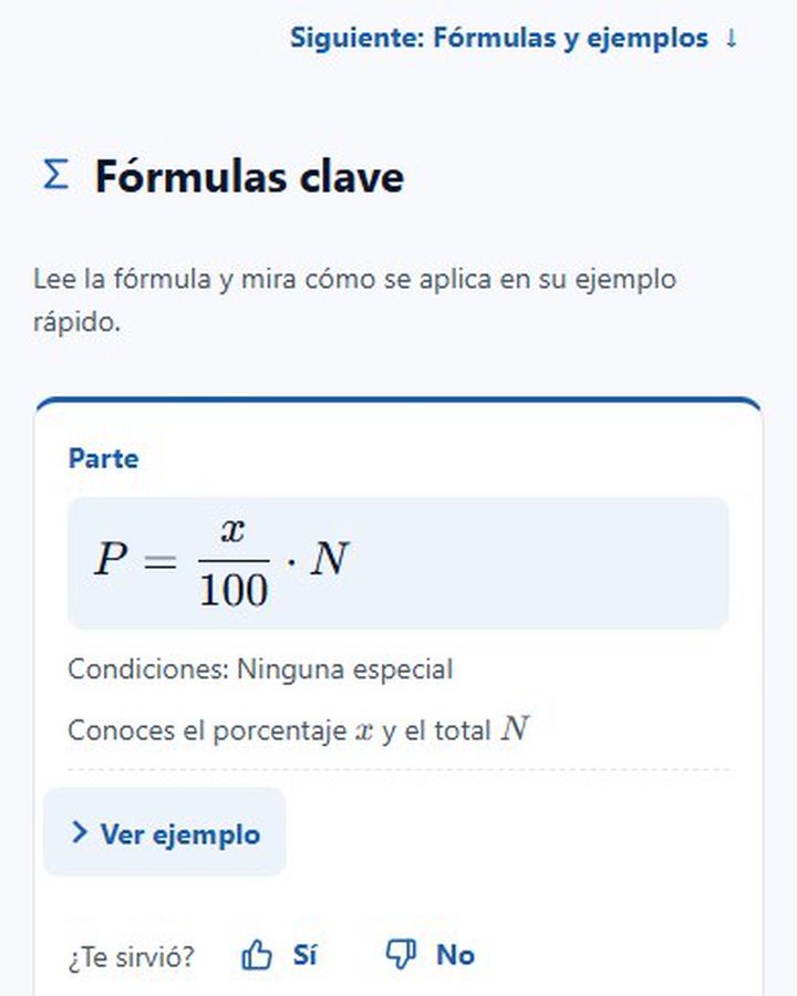 Pantalla de la app de Alto Preuniversitario: sección Fórmulas clave de un tema de porcentajes, con la fórmula P igual a x sobre 100 por N y un botón Ver ejemplo